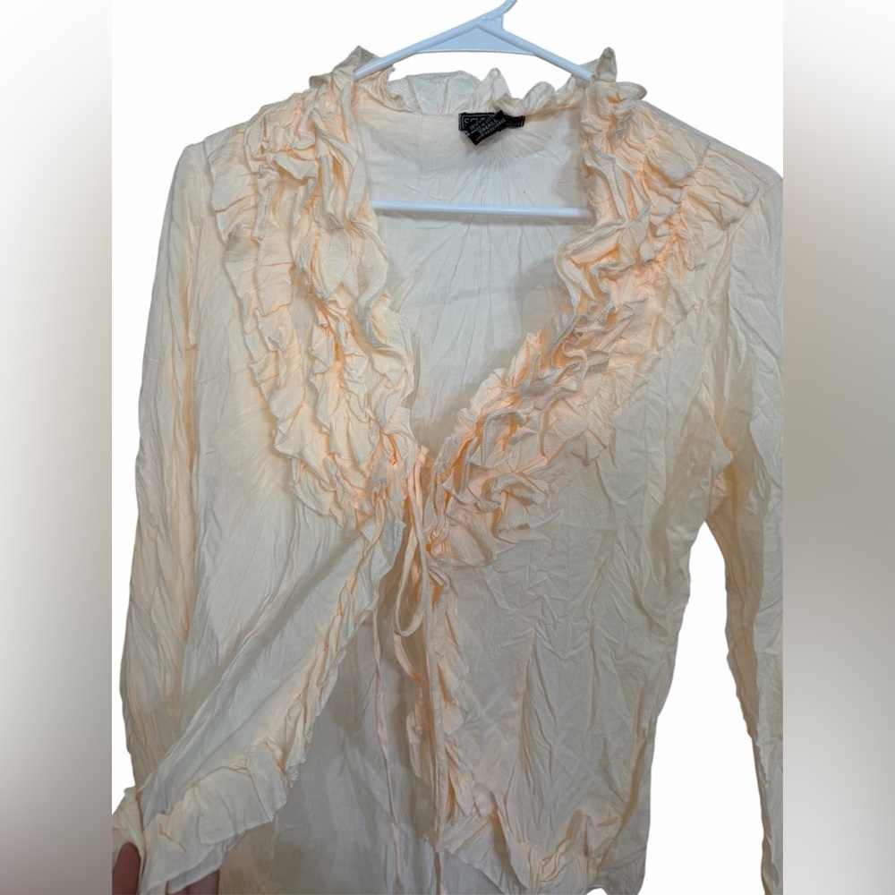 Vintage Fairycore Ruffle Tie Front Blouse Peach Cream Romantic Cottagecore Top S - Picture 3 of 5